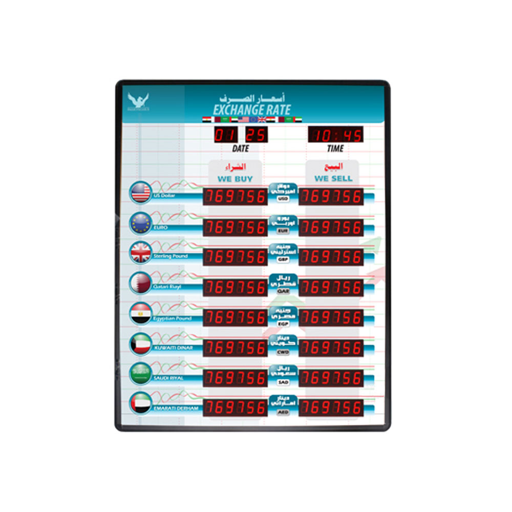 Exchange Rate | 1" | 8x Row | Clock & Date | Red