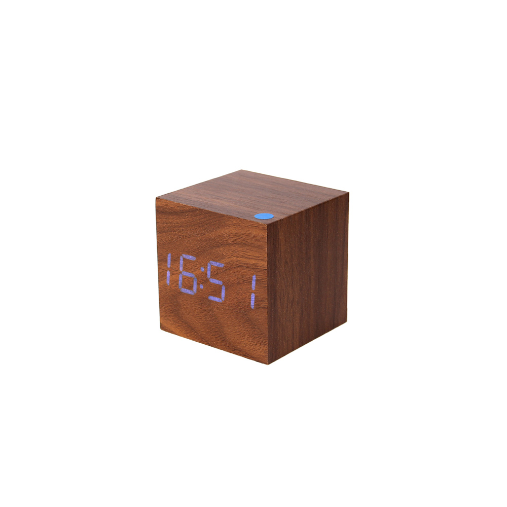 Wooden Clock Digital | Cube Brown Wood | Blue Display | Calendar & Alarm & Thermometer 