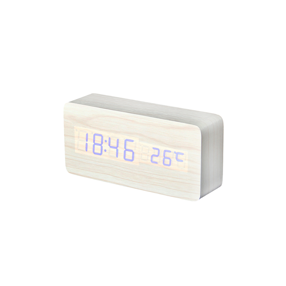 Wooden Clock Digital | Rectangular White Wood | Blue Display | Calendar & Alarm & Thermometer