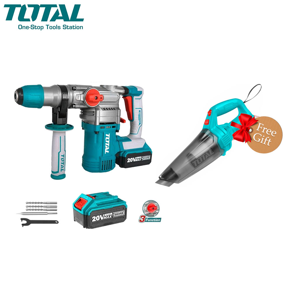 Combo Kit | Compact Drill | Cordless SDS Rotary Hammer | 20V | With Vacuum Cleaner | Total