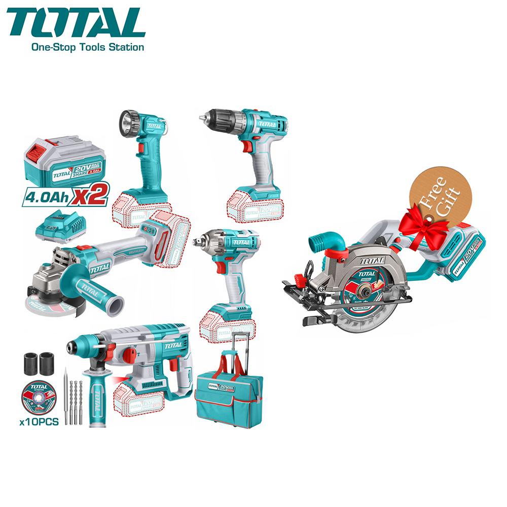 Combo Kit | Drill | Angle Grinder | Impact | Saw | Li-ion Battery Pack | 20V 4.0Ah | Charge | Bag |