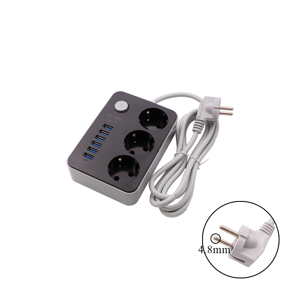 Power Strip | 3 Outlet EU | 3x1.5mm | 2M | 6x USB & Switch