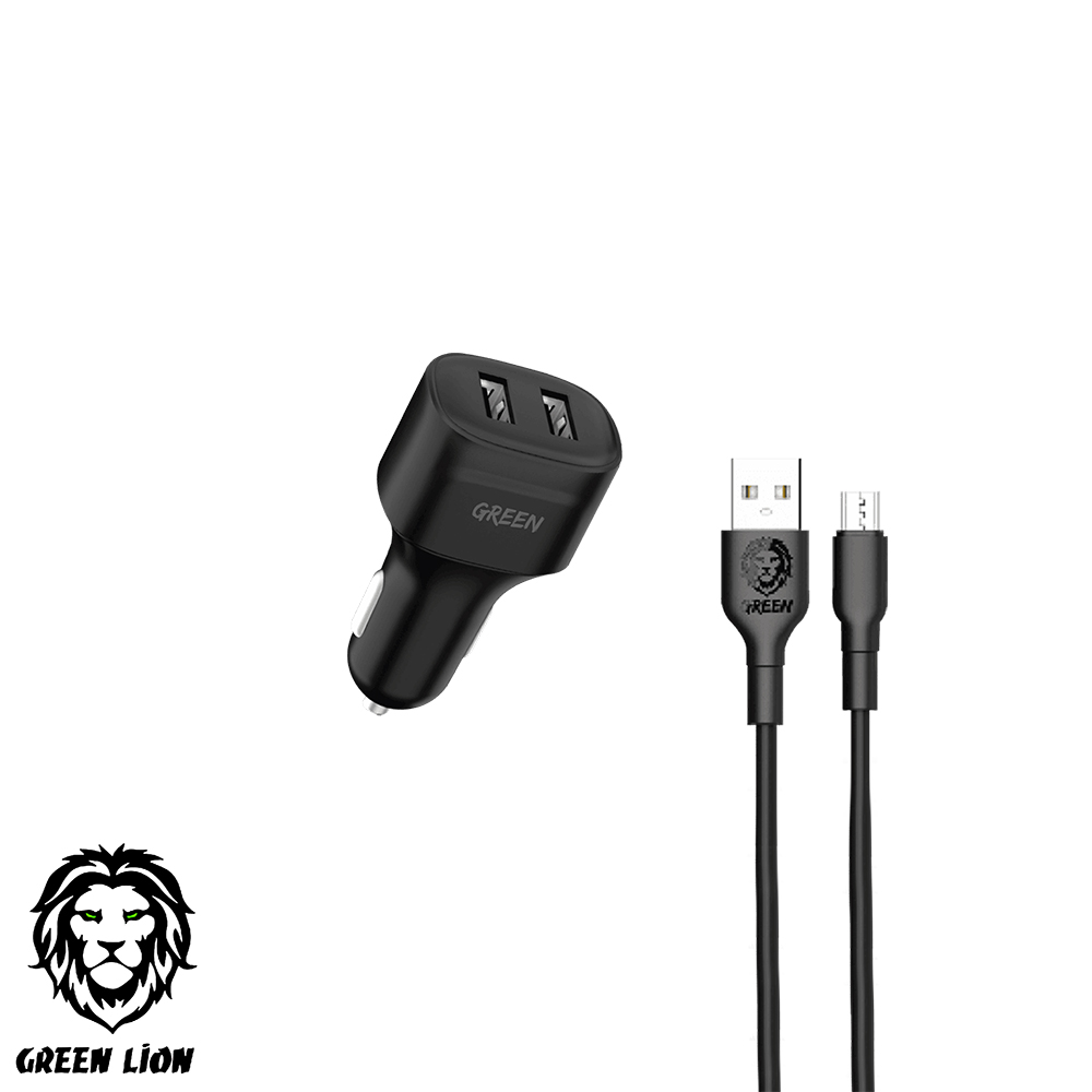 Mobile Car Charger | Dual Port | Fast Charging | Micro USB Cable | 12W | Green Lion