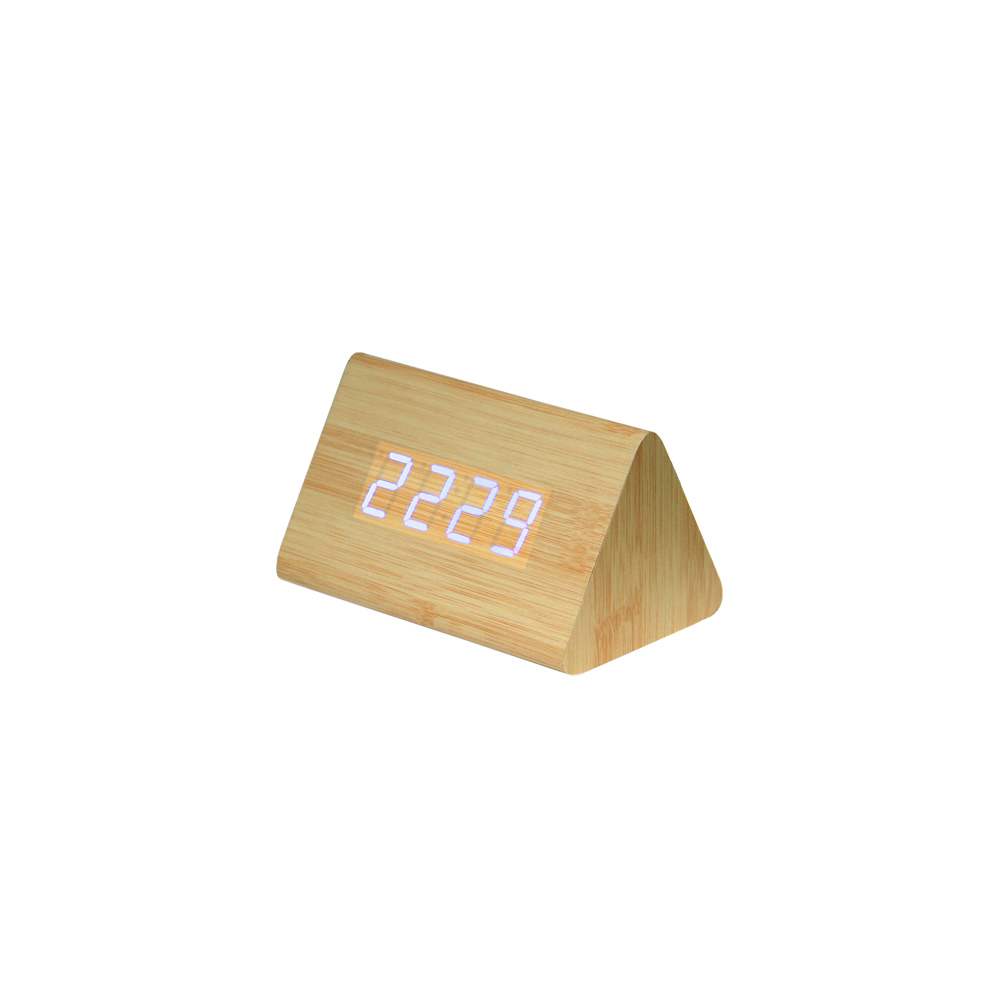 Wooden Clock Digital | Triangle Wood | Blue Display | Calendar & Alarm & Thermometer