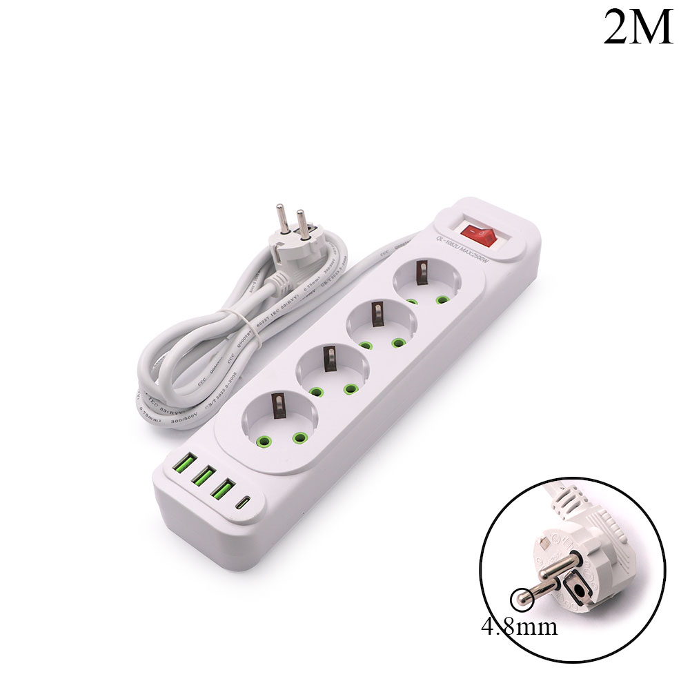 Power Strip | 4 Outlet EU | 2x1.0mm | 2M | 3x USB & TYPE-C & Switch